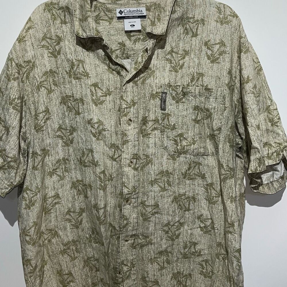 Columbia Mens Green White Palm Tree Linen Cotton Short Sleeve Button Up Shirt XL